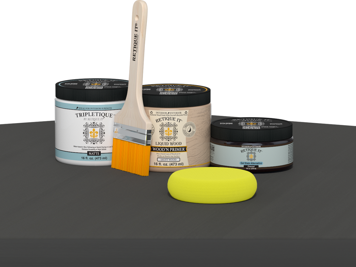 Retique It® multi-purpose smooth finish kit in charcoal for interior wood surfaces, featuring satin top coat and matte texture.