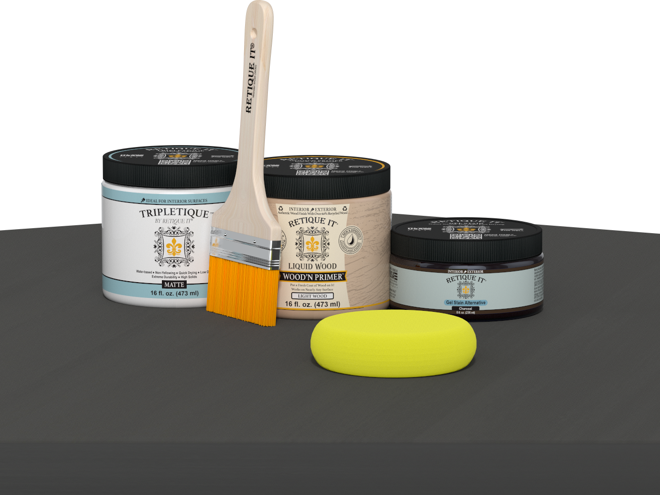 Retique It® multi-purpose smooth finish kit in charcoal for interior wood surfaces, featuring satin top coat and matte texture.