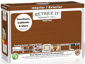 Retique It® Multi-purpose Smooth Finish Kit in cherry wood tone, includes tools and supplies for wood finishing projects.