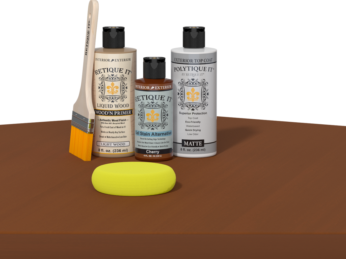 Retique It® Cherry Multi-purpose Smooth Finish Kit for wood, featuring exterior top coat and application tools.
