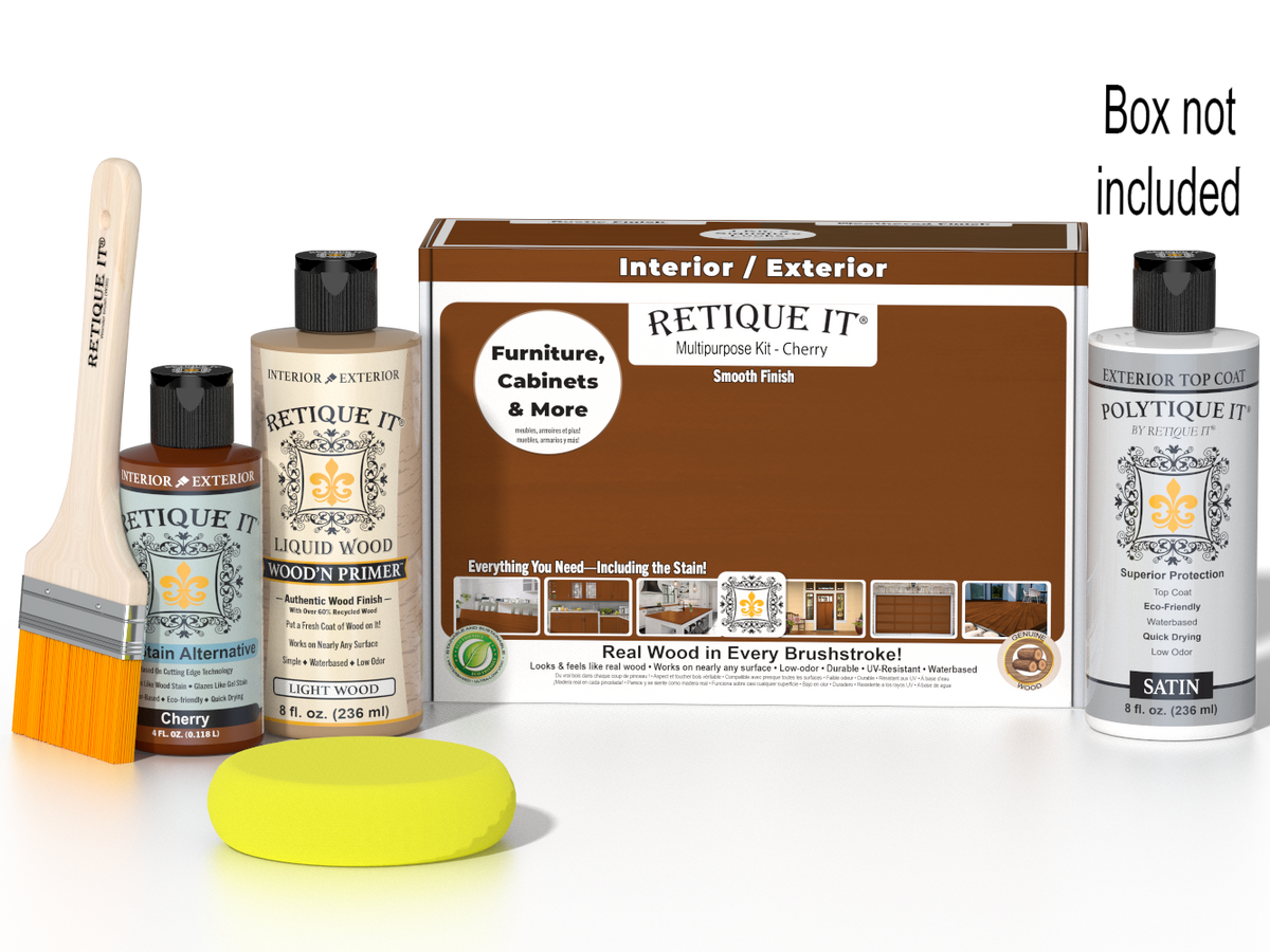 Retique It Cherry Multi-purpose Smooth Finish Kit with exterior satin top coat and wood finish, includes application tools.