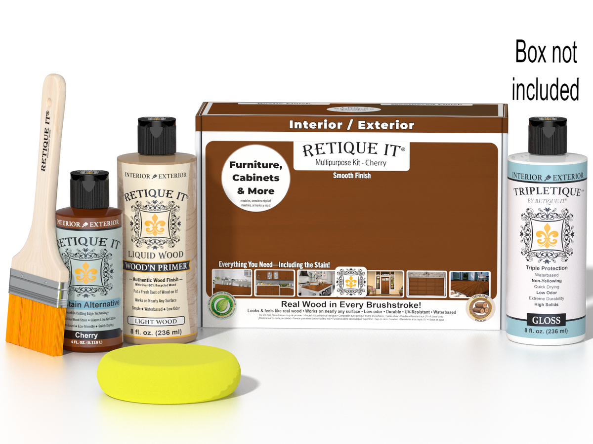 Retique It Multi-purpose Smooth Finish Kit in Cherry for interior wood projects, with wood top coat and application tools.