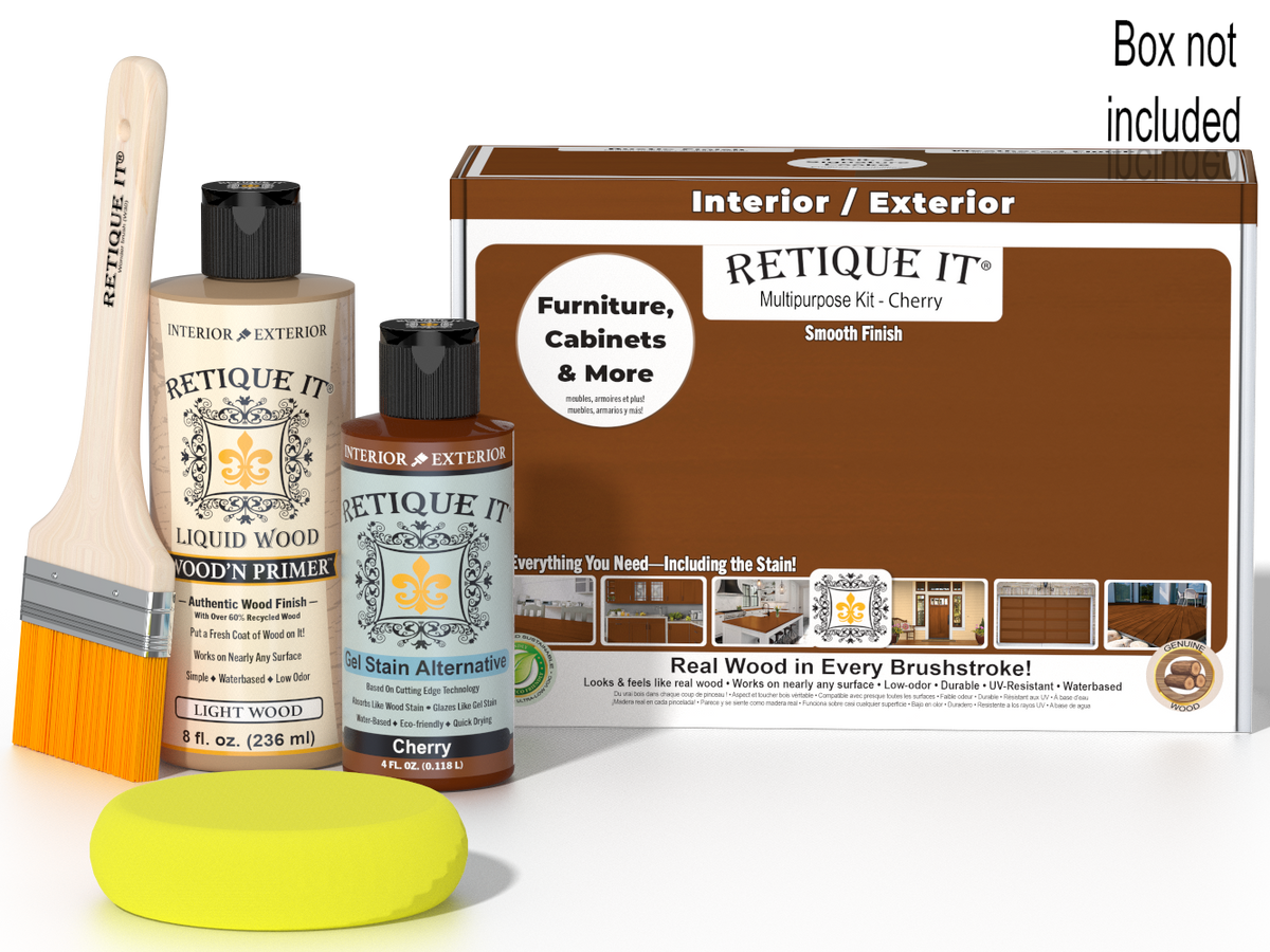 Retique It® Multi-purpose Smooth Finish Kit in cherry wood finish, includes tools and materials for wood finishing projects.