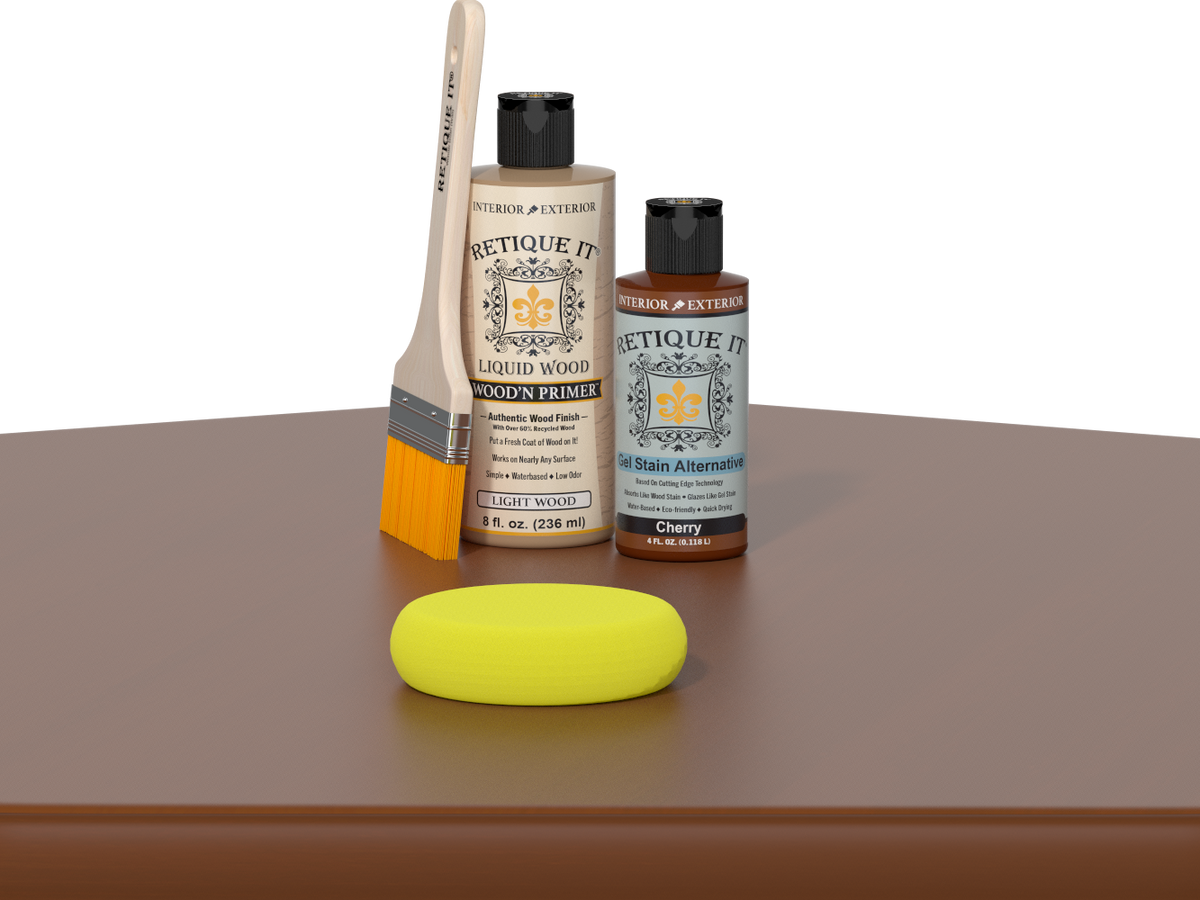 Retique It® Multi-purpose Smooth Finish Kit in Cherry for wood furniture and crafts, shown in a table setting.