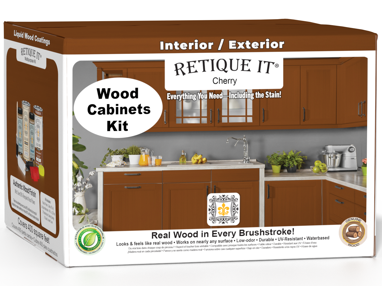Retique It® Wood'n Cabinet Kit with 48 cherry-stained smooth cabinet doors and panels, ideal for kitchen or bathroom cabinetry.
