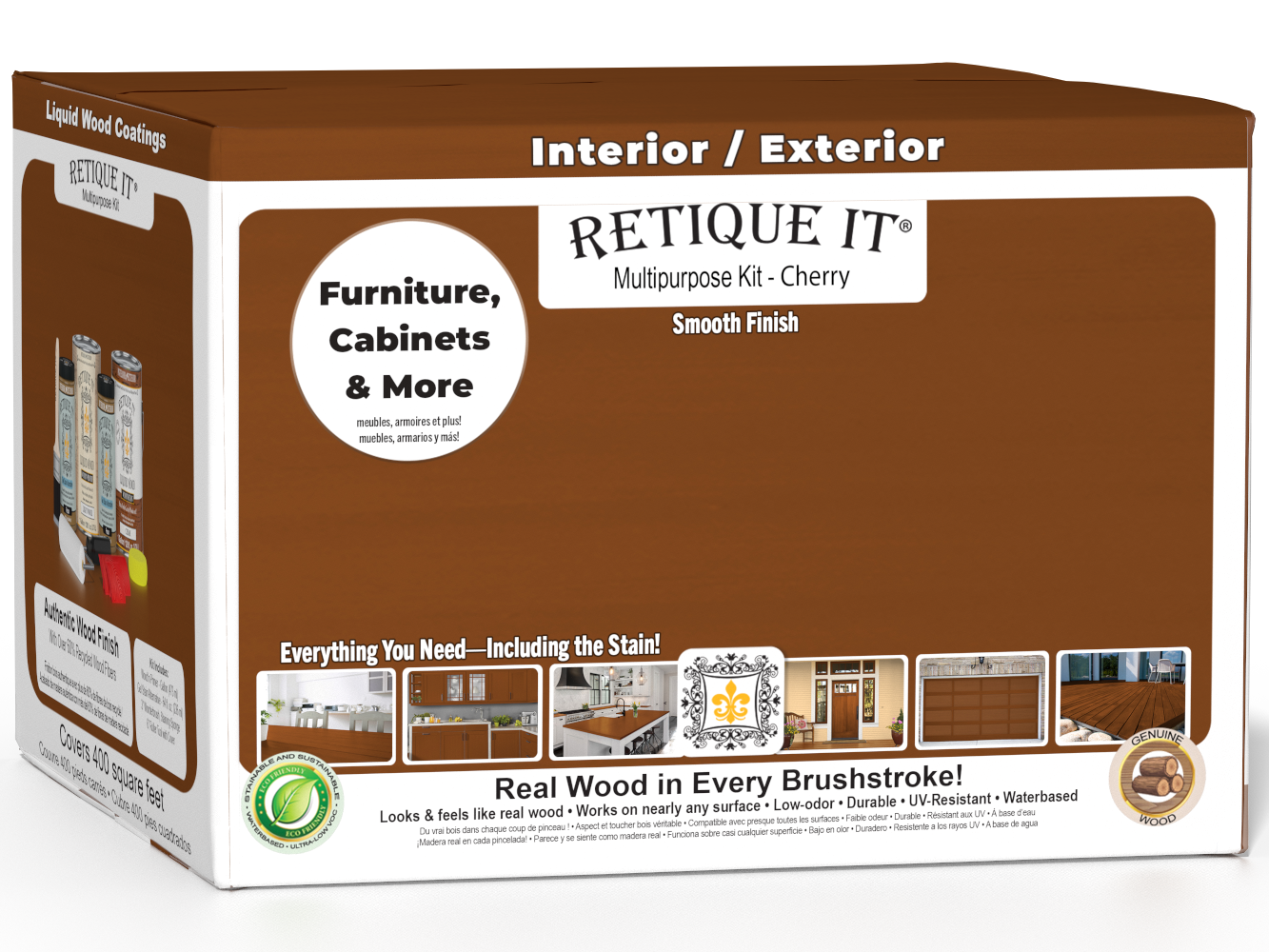Retique It Cherry Multi-purpose Smooth Finish Kit with four large exterior top coat bottles for wood finishing.