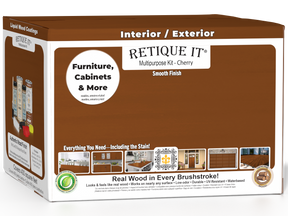 Retique It Cherry Multi-purpose Smooth Finish Kit with four large exterior top coat bottles for wood finishing.