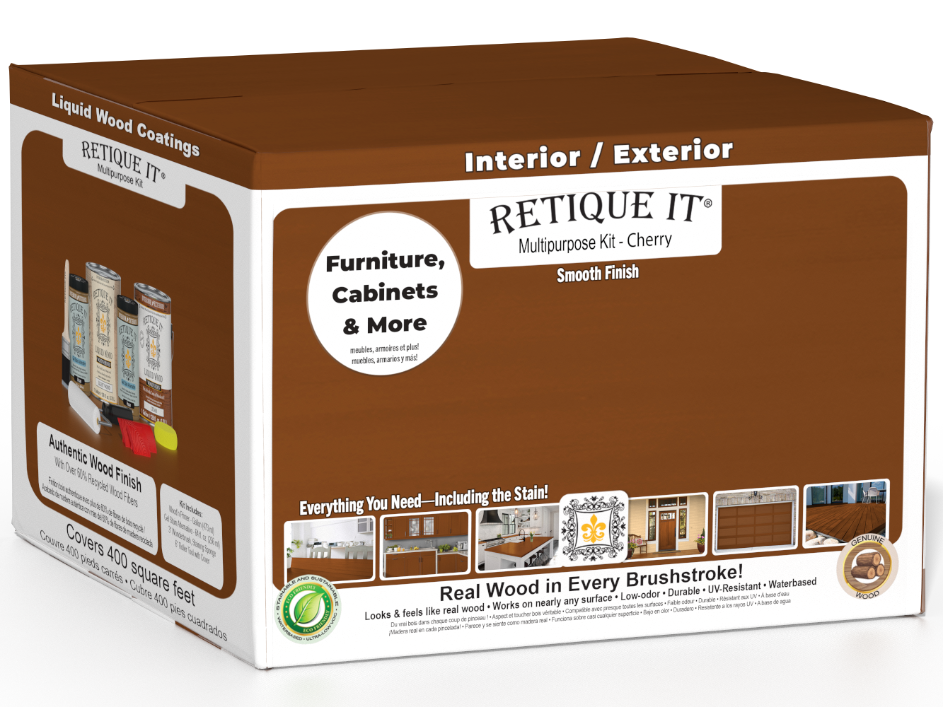 Retique It Multi-purpose Smooth Finish Kit in cherry for exterior wood projects, includes four large top coat containers.
