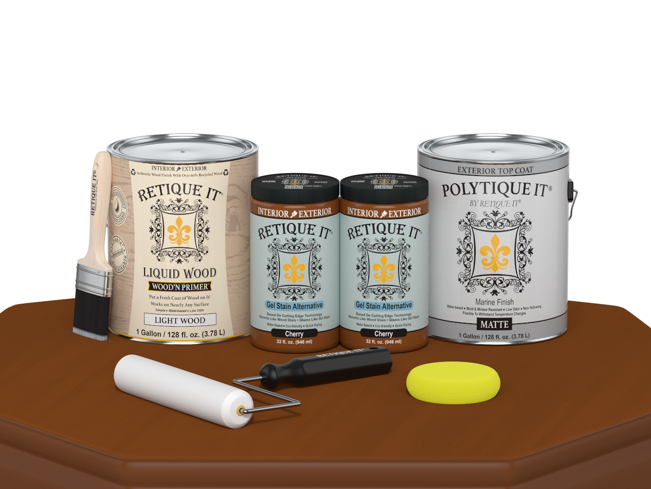 Retique It Cherry Multi-purpose Smooth Finish Kit with four large exterior top coat bottles, matte wood finish, and application tools.