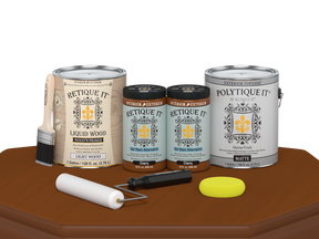 Retique It Cherry Multi-purpose Smooth Finish Kit with four large exterior top coat bottles, matte wood finish, and application tools.