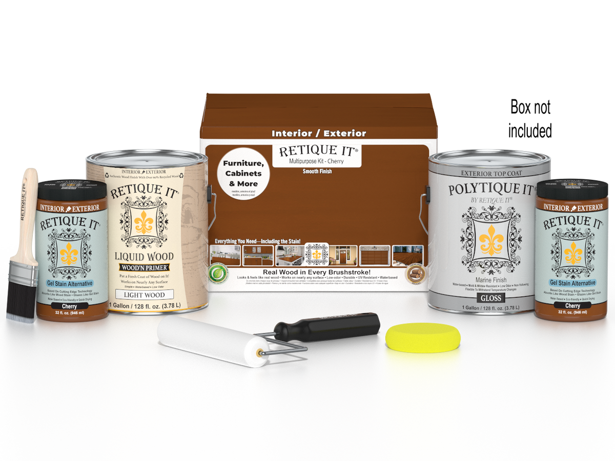 Retique It Cherry multi-purpose smooth finish kit with four large exterior wood top coats in a box.