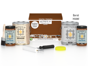 Retique It Cherry multi-purpose smooth finish kit with four large exterior wood top coats in a box.