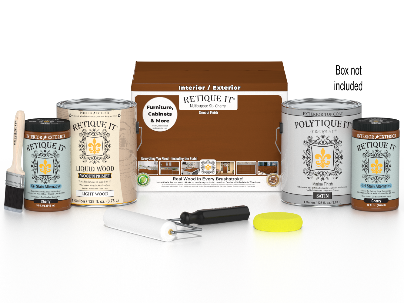 Retique It Cherry Multi-purpose Smooth Finish Kit with four large wood exterior top coats and application tools in a box.