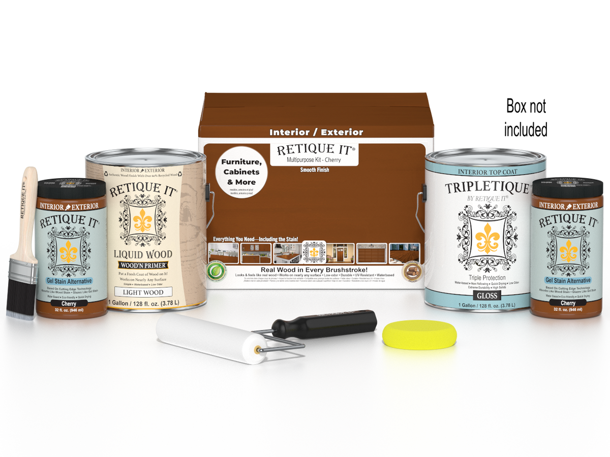 Retique It Cherry multi-purpose wood finish kit with four large top coat bottles for interior woodworking projects.