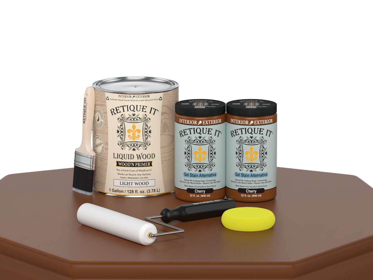 Retique It® Cherry wood finish kit with four large smooth finish applicators on a table surface.