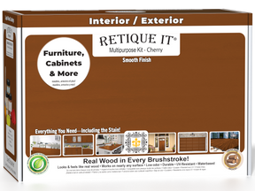 Retique It® Multi-purpose Smooth Finish Kit (Med) in Cherry for wood finishing, shown in a box with various components.