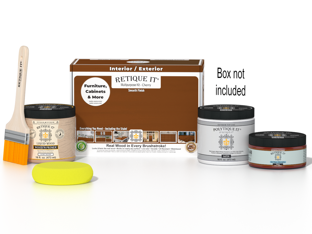 Retique It Cherry wood finish kit with smooth top coat in a box, designed for exterior wood projects and multi-purpose use.