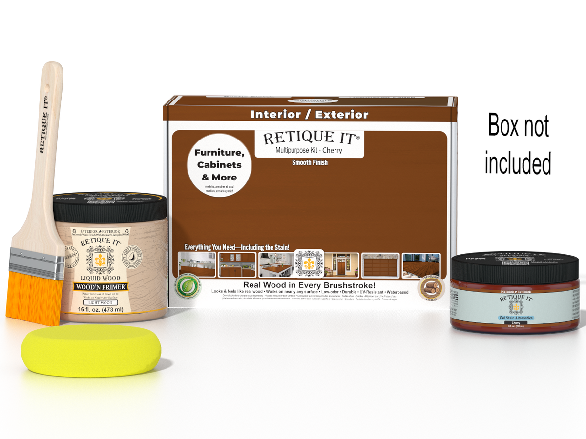 Retique It® wood finish kit in cherry, medium size, with smooth finish and tools for multi-purpose wood furniture and craft projects.