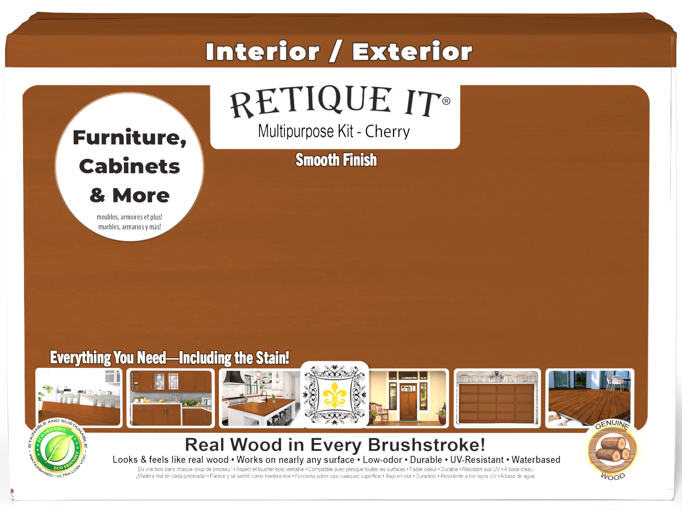 Retique It Large Cherry Multi-purpose Smooth Finish Kit with exterior top coat, matte wood finish, in a box with wood application tools.