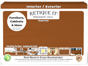 Retique It Large Cherry Multi-purpose Smooth Finish Kit with exterior top coat, matte wood finish, in a box with wood application tools.