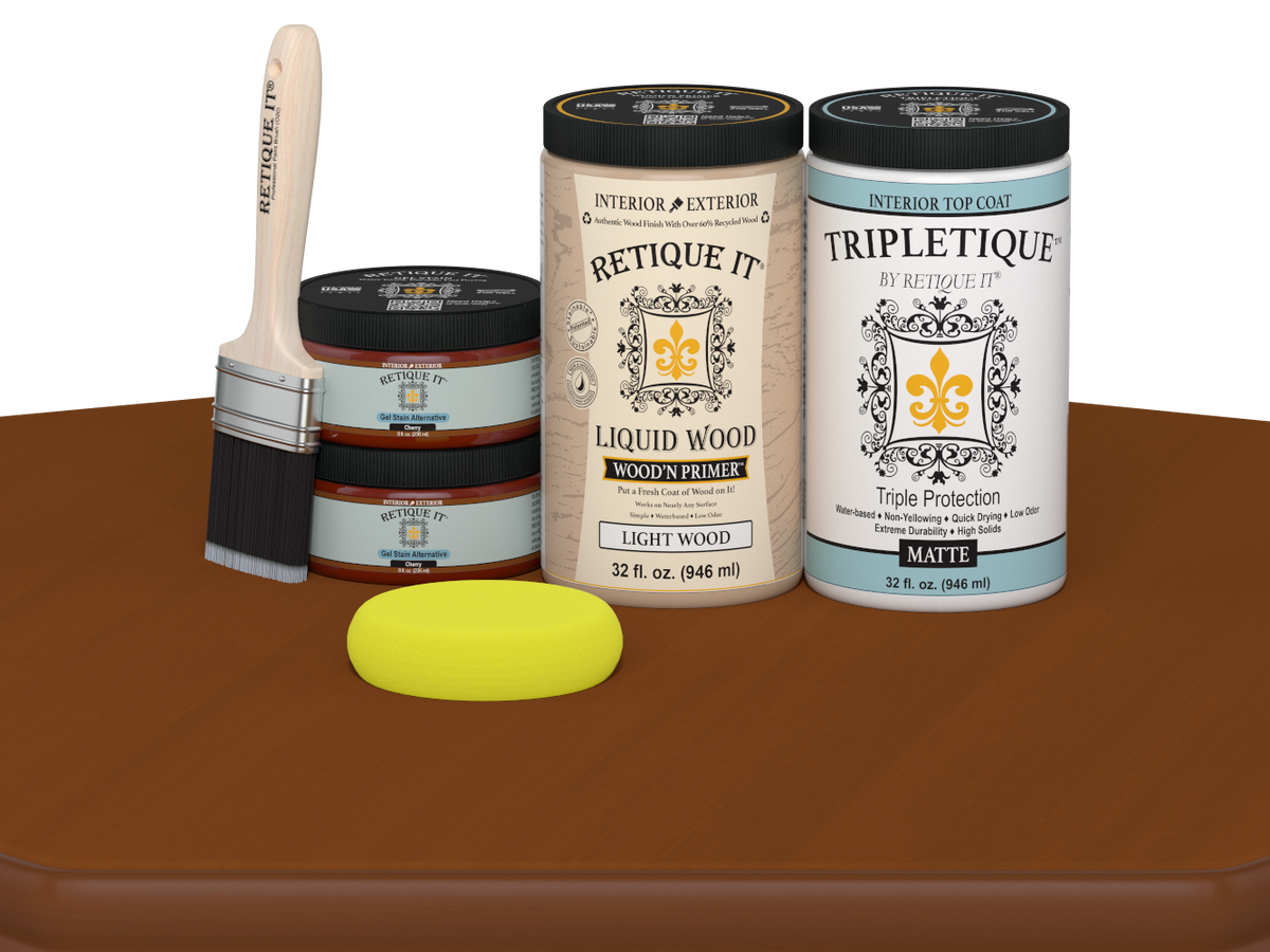 Retique It® Large Cherry Multi-purpose Smooth Finish Kit for wood interior top coat in satin, shown on a wooden table.