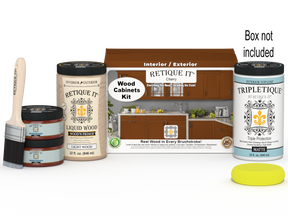 Retique It® Wood'n Cabinet Kit with 12 cherry-colored smooth doors and stain options, shown with packaging and cabinet components.