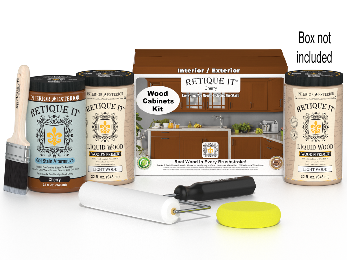 Retique It® Wood'n Cabinet Kit with 24 cherry stained doors, smooth finish, for custom kitchen cabinet renovation.