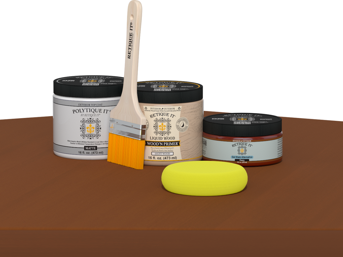 Retique It® Multi-purpose Smooth Finish Kit in Cherry for exterior wood projects, featuring satin top coat and matte table application.