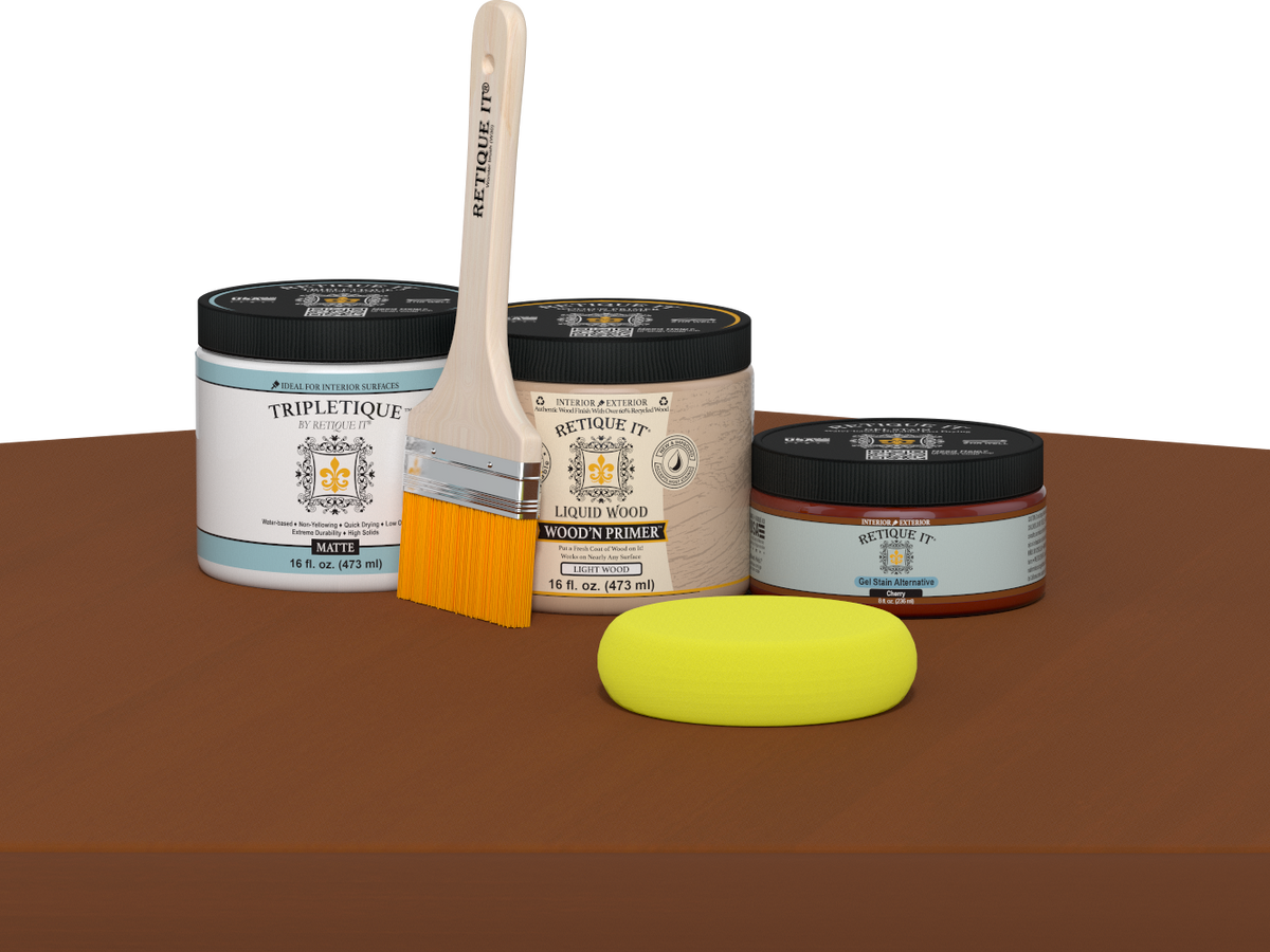 Retique It® multi-purpose smooth finish kit in cherry for interior wood projects, featuring satin top coat and matte table surface.