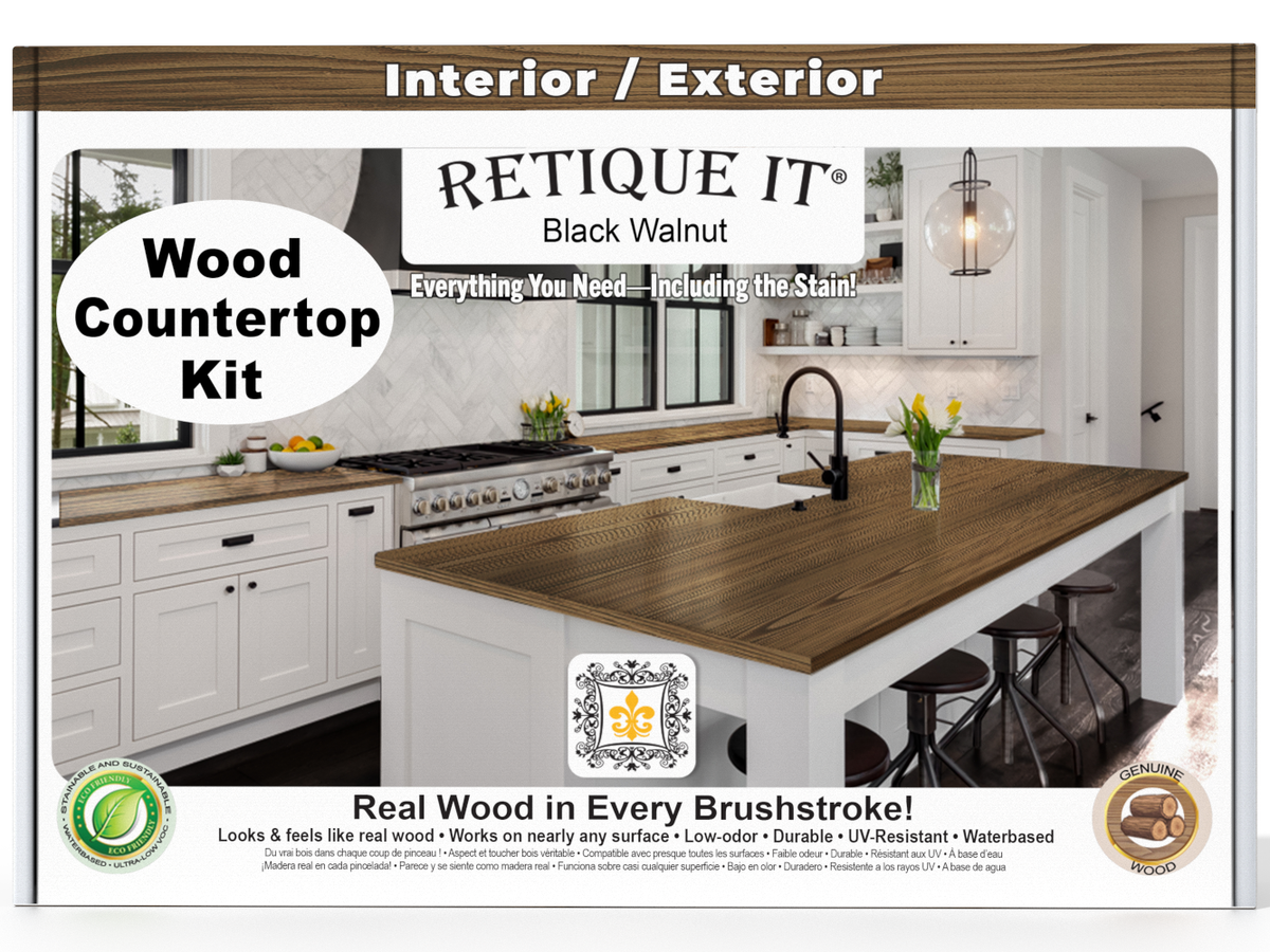 Advertisement for Retique It wood countertop kit with a kitchen scene and product branding.