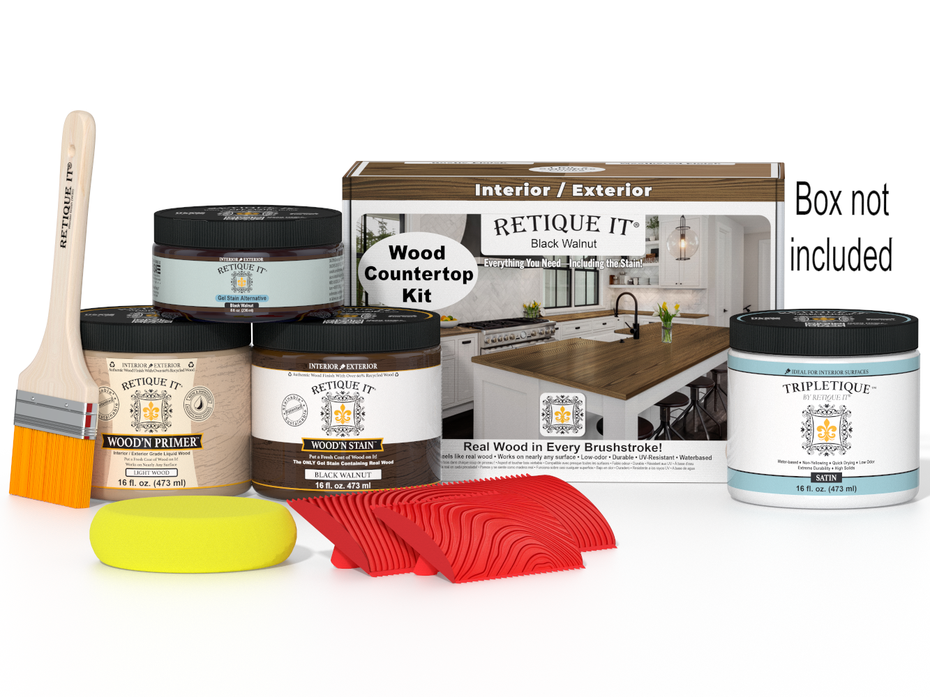 Retique It® black walnut stain kit for kitchen island countertops, featuring a countertop kit with stain options.
