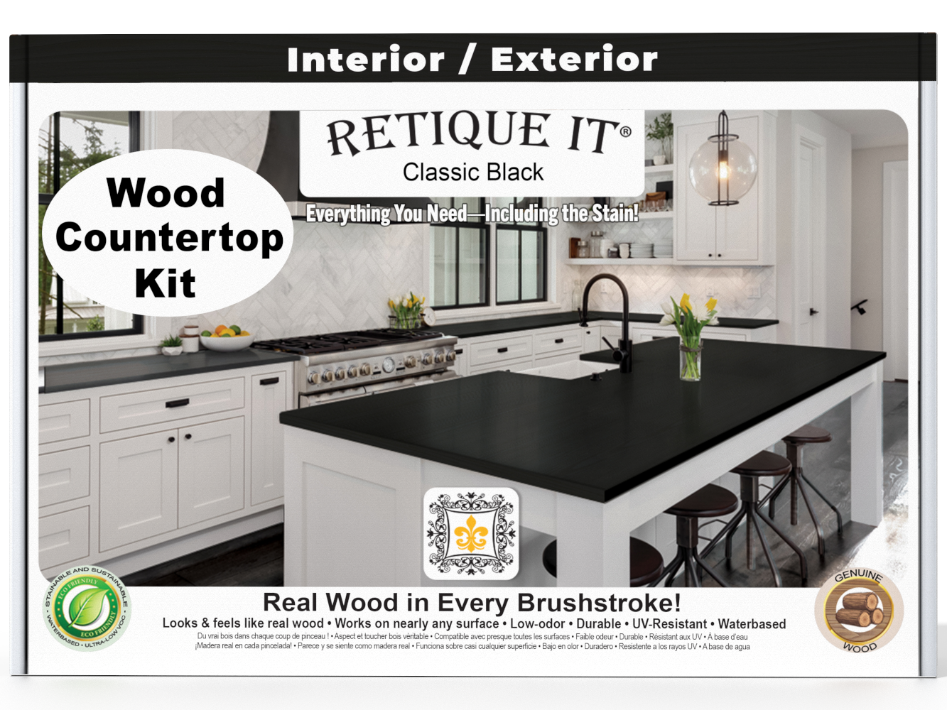 Retique It® black stains applied to a kitchen island countertop in a classic black finish with a smooth surface.