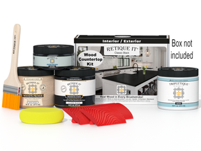 Retique It® black countertop kit for kitchen island with stain application, includes tools and materials for a classic black finish.