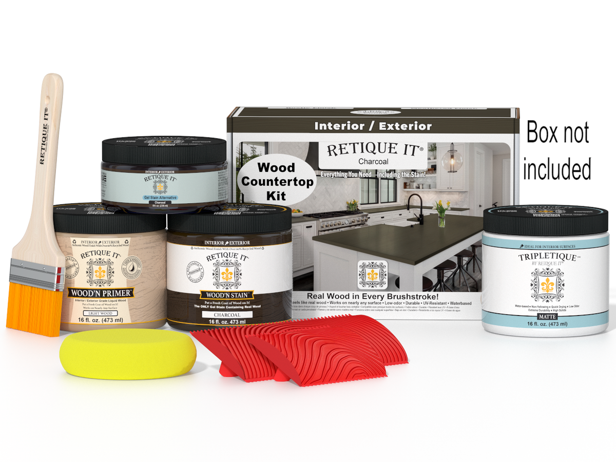 Retique It® charcoal countertop kit for kitchen islands featuring stain application and natural wood finish.