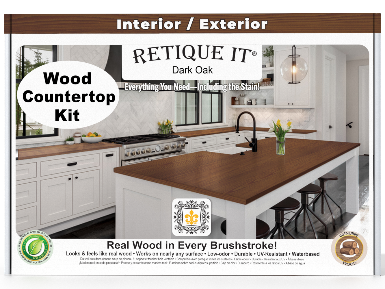Dark oak stain kit for kitchen island countertops by Retique It® featuring sample swatches and application tools.