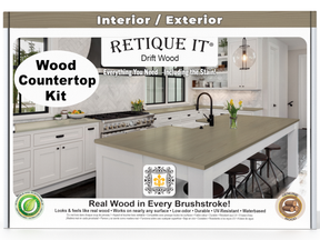 Retique It® Drift Wood stain kit for kitchen island countertops, featuring natural wood tones and stain application tools.