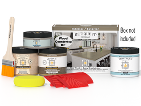 Retique It® drift wood stain kit for kitchen island countertops, showcasing sample application on wood surface.