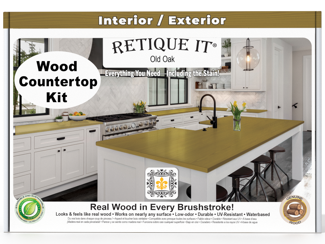 Retique It® Old Oak stained kitchen island countertop kit showing a smooth wooden surface with a warm oak finish.