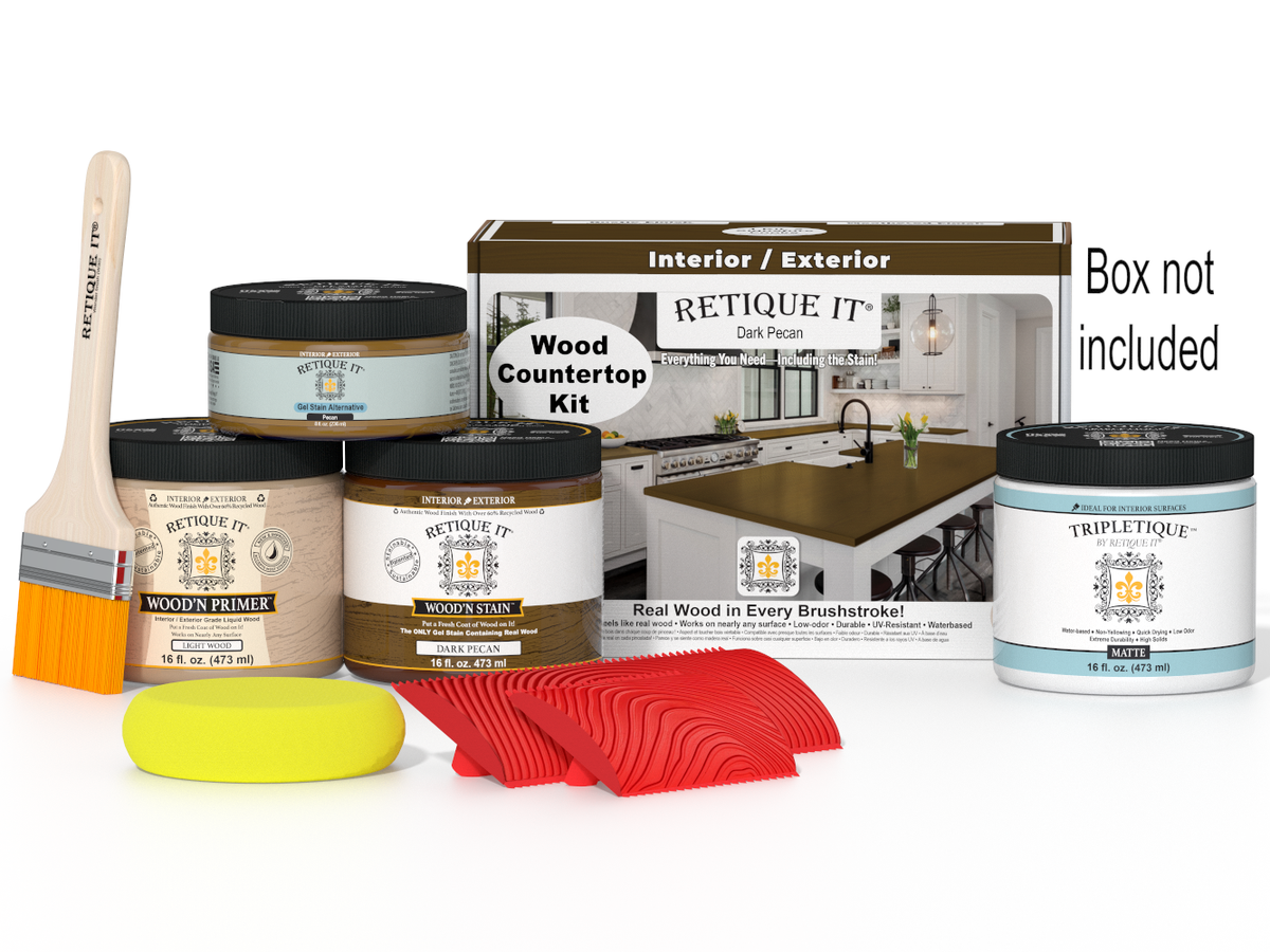 Dark Pecan stain kit for kitchen island countertop by Retique It®, includes tools for applying stain to wood surfaces.