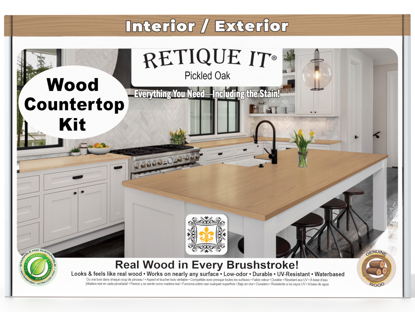 Retique It® pickled oak countertop kit for kitchen islands, featuring stained wood surface with a natural finish.