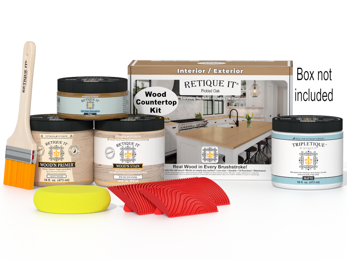 Retique It® pickled oak stain countertop kit for kitchen islands, featuring a natural wood finish and stain application tools.