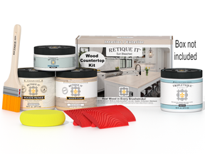 Sun-bleached wood finish countertop kit by Retique It for kitchen islands, featuring natural wood grain and prep materials.