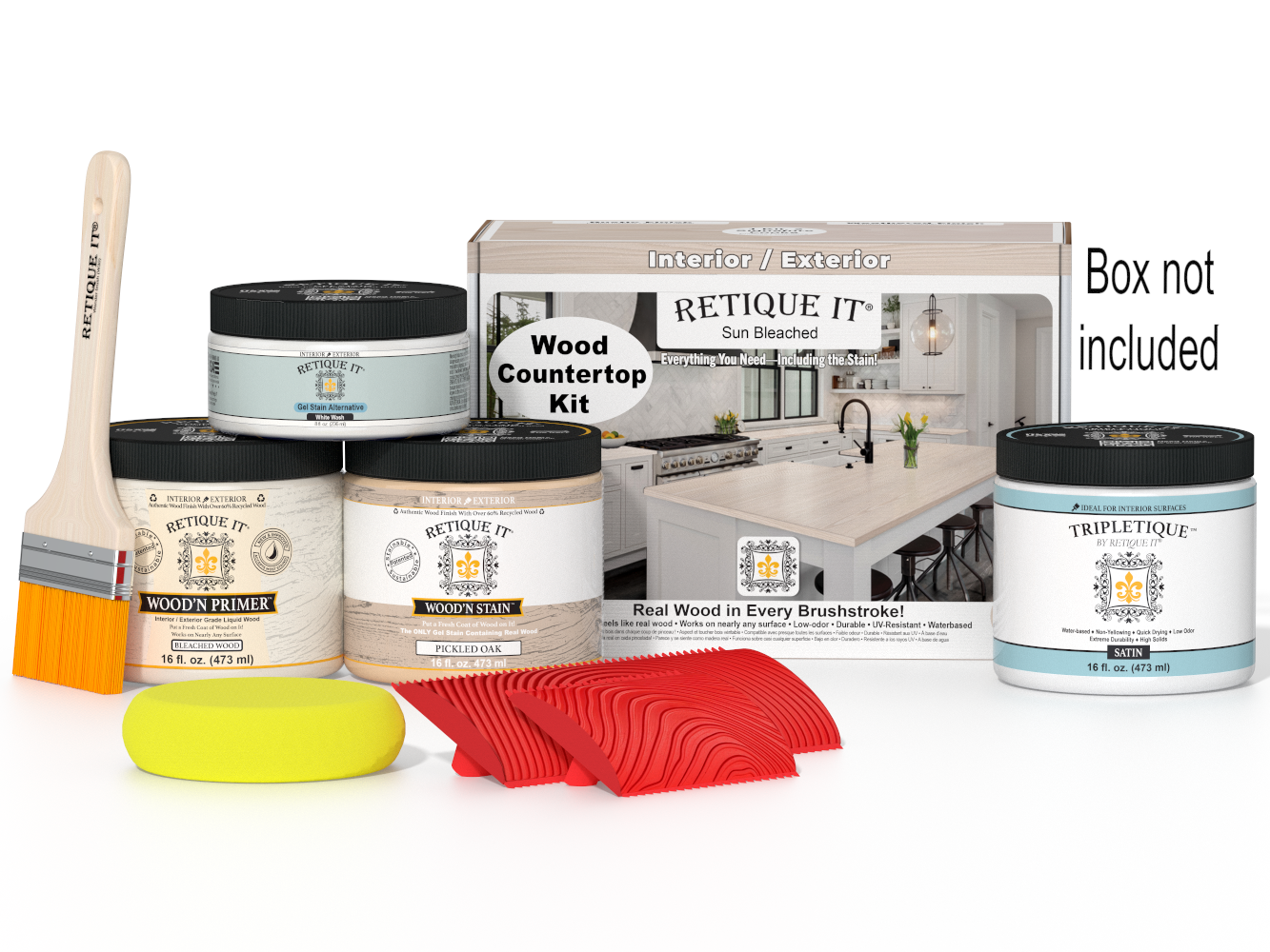 Sun-bleached wood finish kit for kitchen island countertops by Retique It® Wood'n Finish Kits, includes tools and supplies.