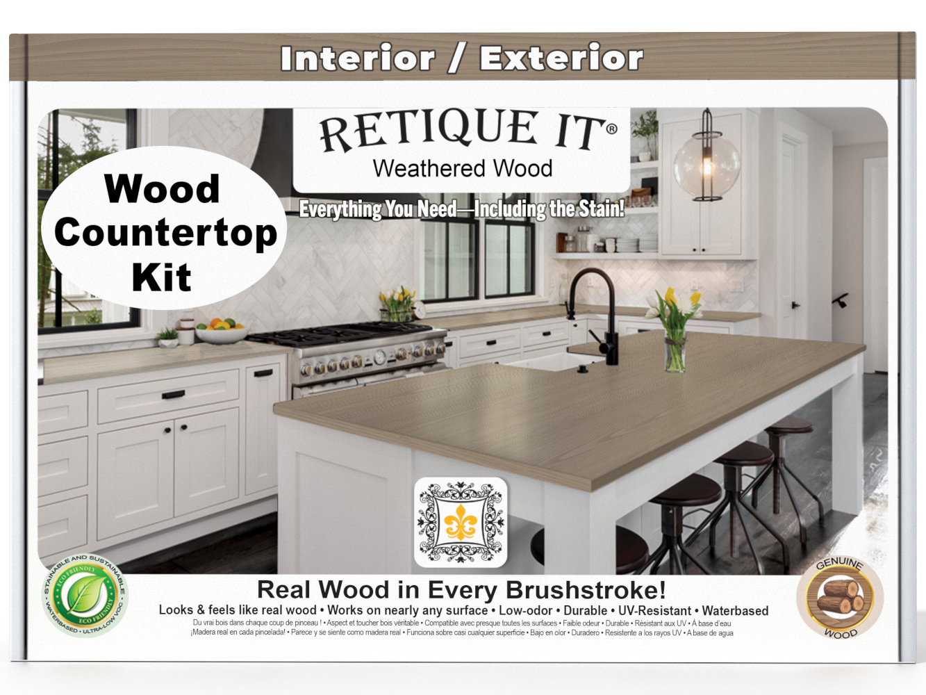 Weathered wood Kitchen Island countertop kit by Retique It® with stains, featuring a natural weathered wood finish and durable surface.