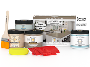 Weathered wood kitchen island countertop kit by Retique It® with stains, shown in a natural weathered wood finish.
