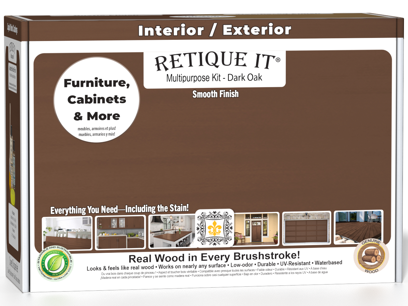 Retique It® Multi-purpose Smooth Finish Kit in Dark Oak for exterior wood surfaces, including top coat and application tools.