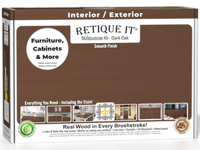 Retique It® Multi-purpose Smooth Finish Kit in Dark Oak for exterior wood surfaces, including top coat and application tools.
