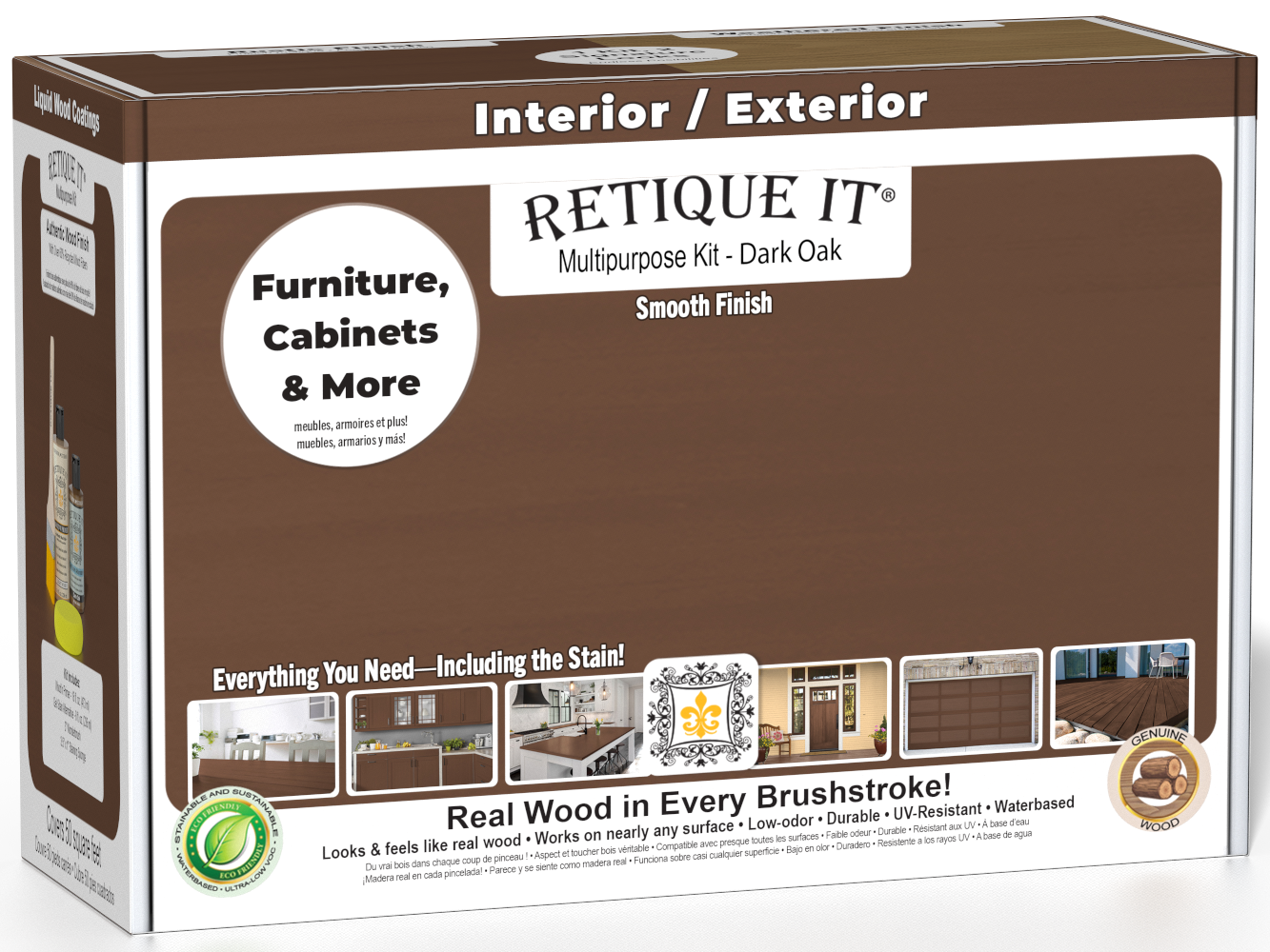 Retique It® Multi-purpose Smooth Finish Kit in Dark Oak for exterior wood top coating, includes tools and product components.