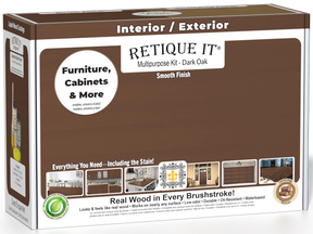 Retique It® Multi-purpose Smooth Finish Kit in Dark Oak for exterior wood top coating, includes tools and product components.