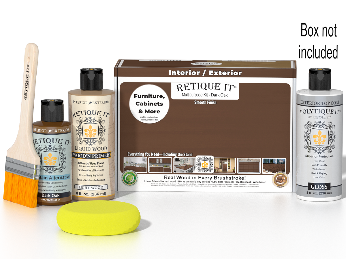 Retique It Dark Oak exterior wood finish kit with gloss top coat, includes applicator tools and protective packaging.
